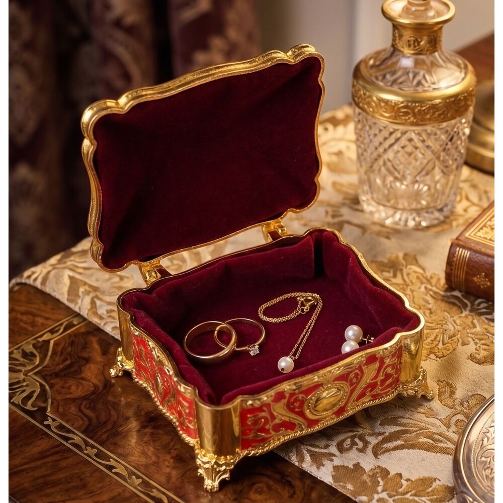 Small Metal Trinket Box Golden Red Luxury Velvet Lined Jewelry Box Gift for Wife